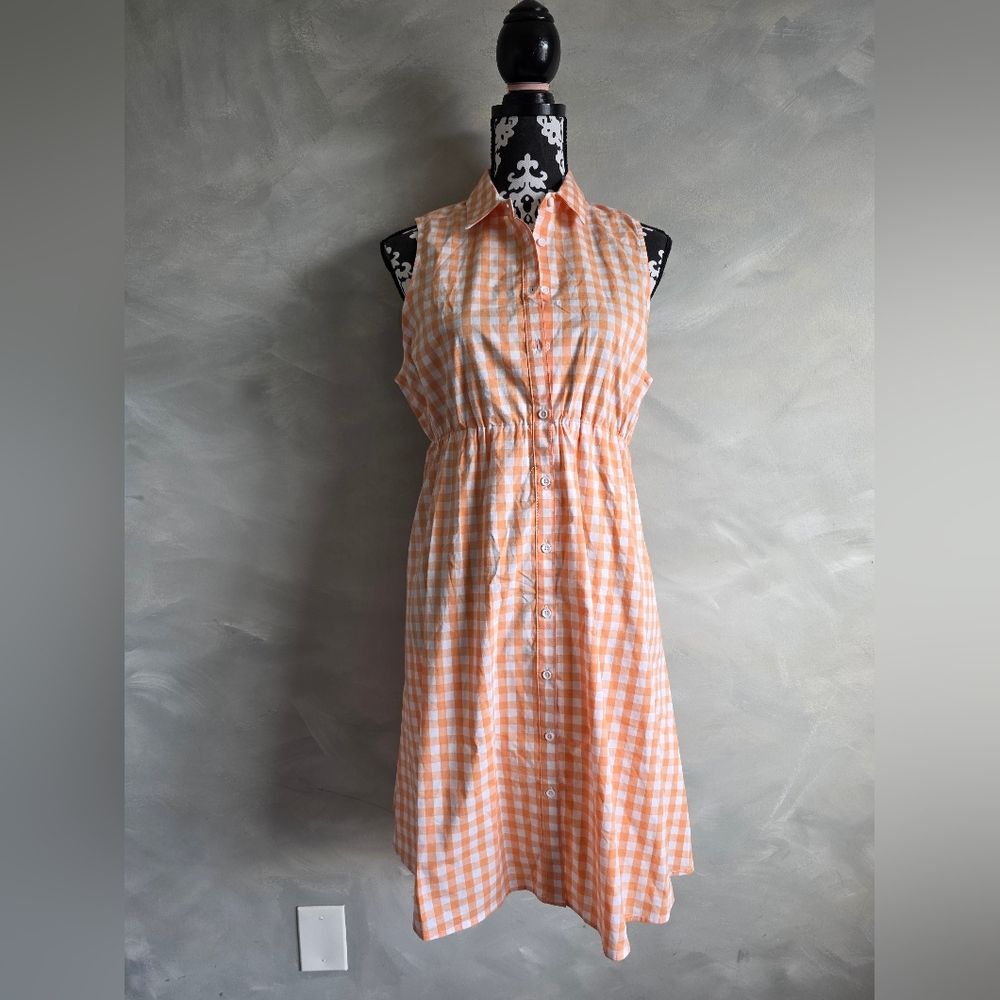 Thyme Orange White Gingham Plaid Button Down Dress Sz M Nwt Sleeveless Pockets